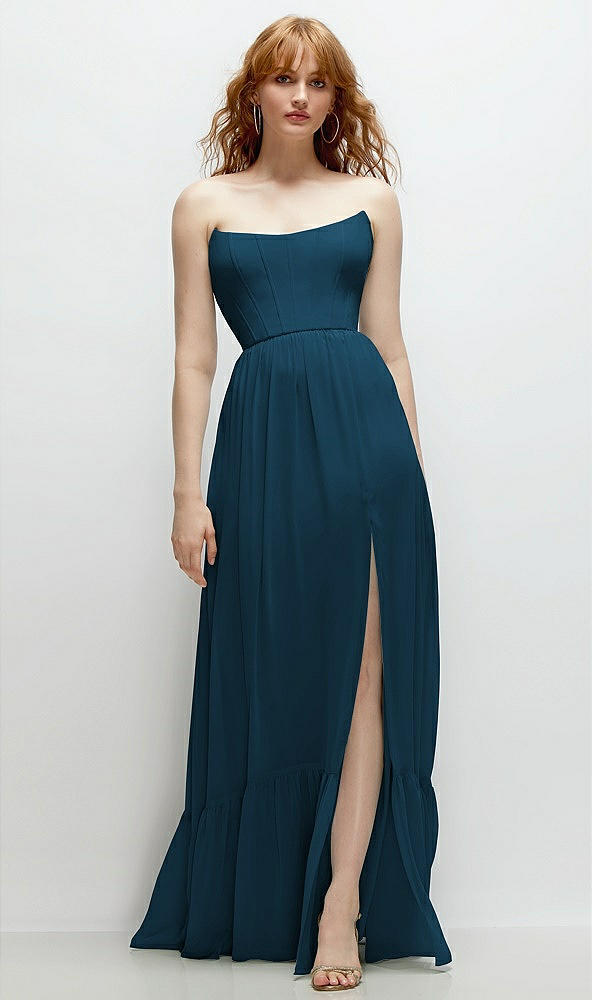 Front View - Atlantic Blue Strapless Cat-Eye Corset Maxi Dress with Ruffle Hem A-Line Skirt