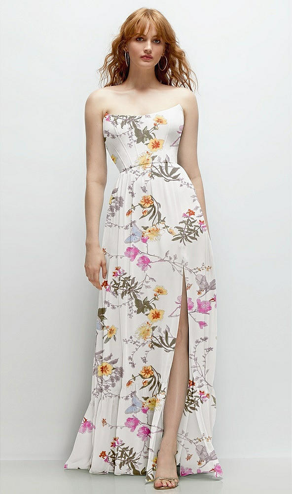 Front View - Butterfly Botanica Ivory Strapless Cat-Eye Corset Maxi Dress with Ruffle Hem A-Line Skirt