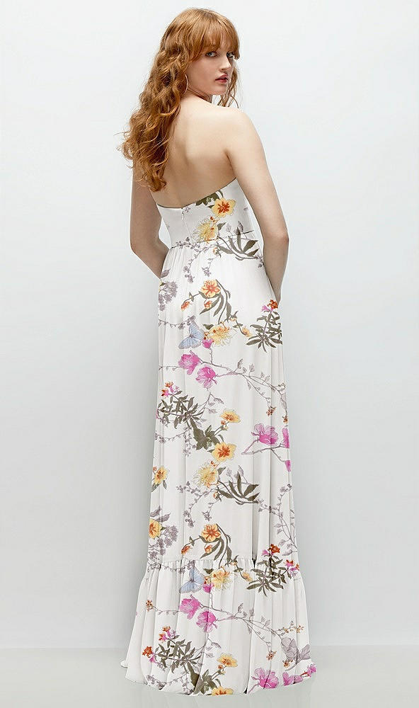 Back View - Butterfly Botanica Ivory Strapless Cat-Eye Corset Maxi Dress with Ruffle Hem A-Line Skirt