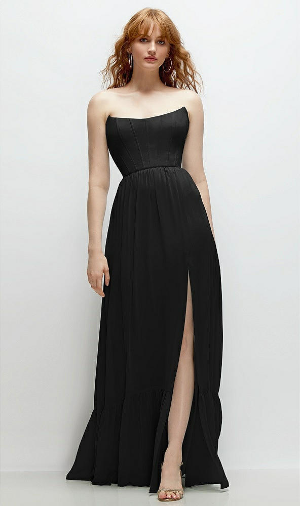 Front View - Black Strapless Cat-Eye Corset Maxi Dress with Ruffle Hem A-Line Skirt