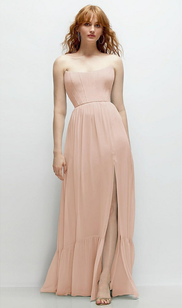 Front View - Cameo Strapless Cat-Eye Corset Maxi Dress with Ruffle Hem A-Line Skirt