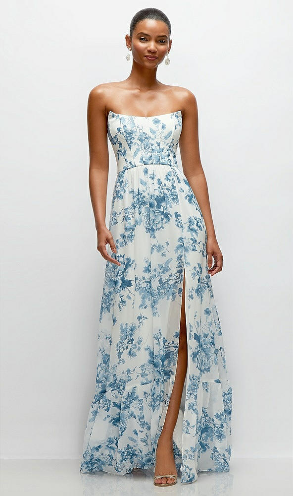 Front View - Cottage Rose Dusk Blue Strapless Cat-Eye Corset Maxi Dress with Ruffle Hem A-Line Skirt