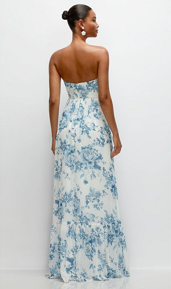 Back View - Cottage Rose Dusk Blue Strapless Cat-Eye Corset Maxi Dress with Ruffle Hem A-Line Skirt