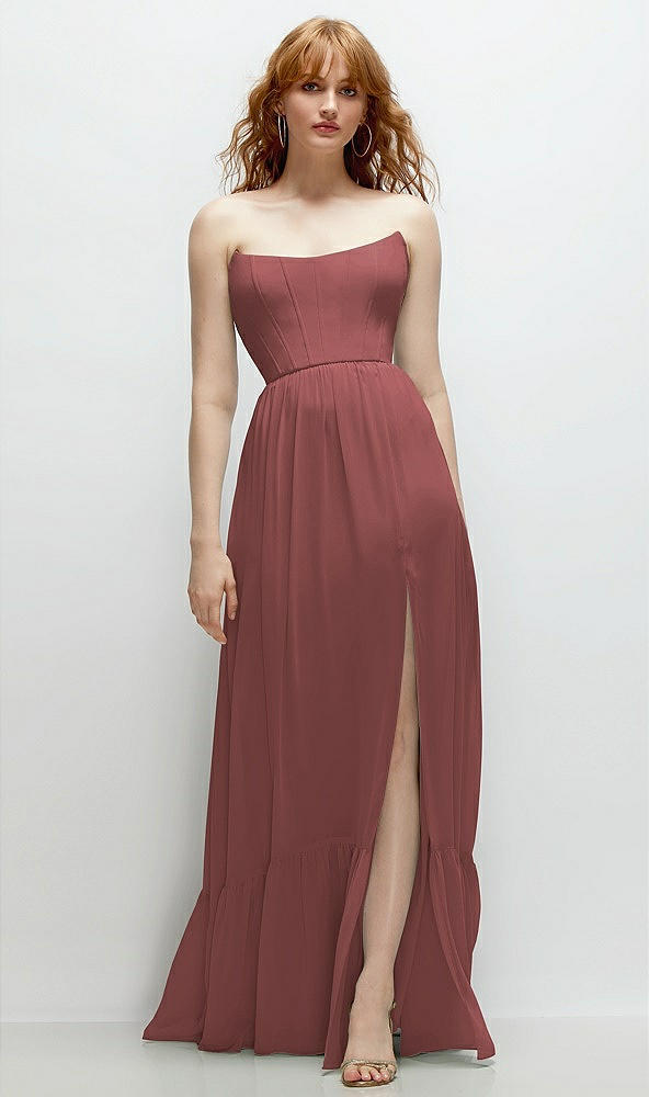 Front View - English Rose Strapless Cat-Eye Corset Maxi Dress with Ruffle Hem A-Line Skirt