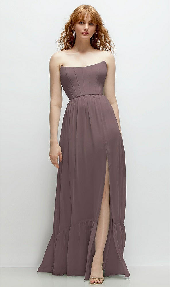 Front View - French Truffle Strapless Cat-Eye Corset Maxi Dress with Ruffle Hem A-Line Skirt