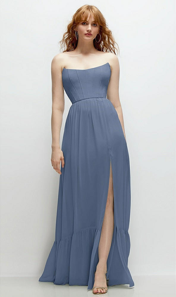 Front View - Larkspur Blue Strapless Cat-Eye Corset Maxi Dress with Ruffle Hem A-Line Skirt