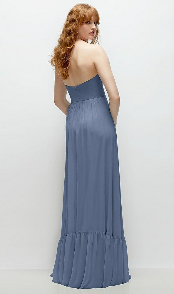 Back View - Larkspur Blue Strapless Cat-Eye Corset Maxi Dress with Ruffle Hem A-Line Skirt