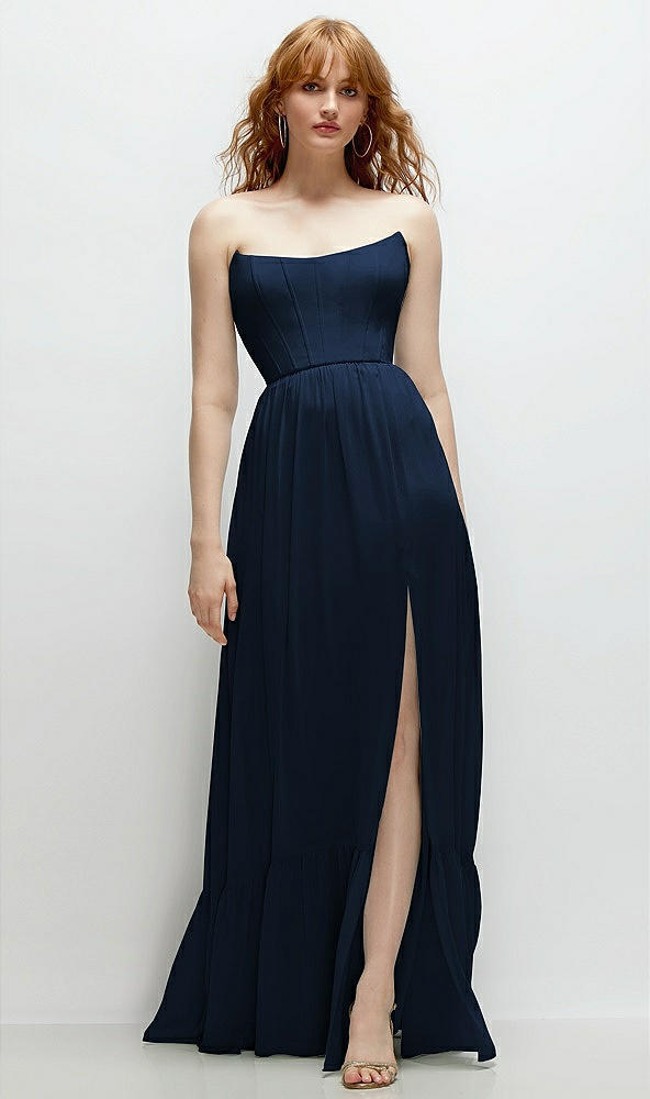 Front View - Midnight Navy Strapless Cat-Eye Corset Maxi Dress with Ruffle Hem A-Line Skirt