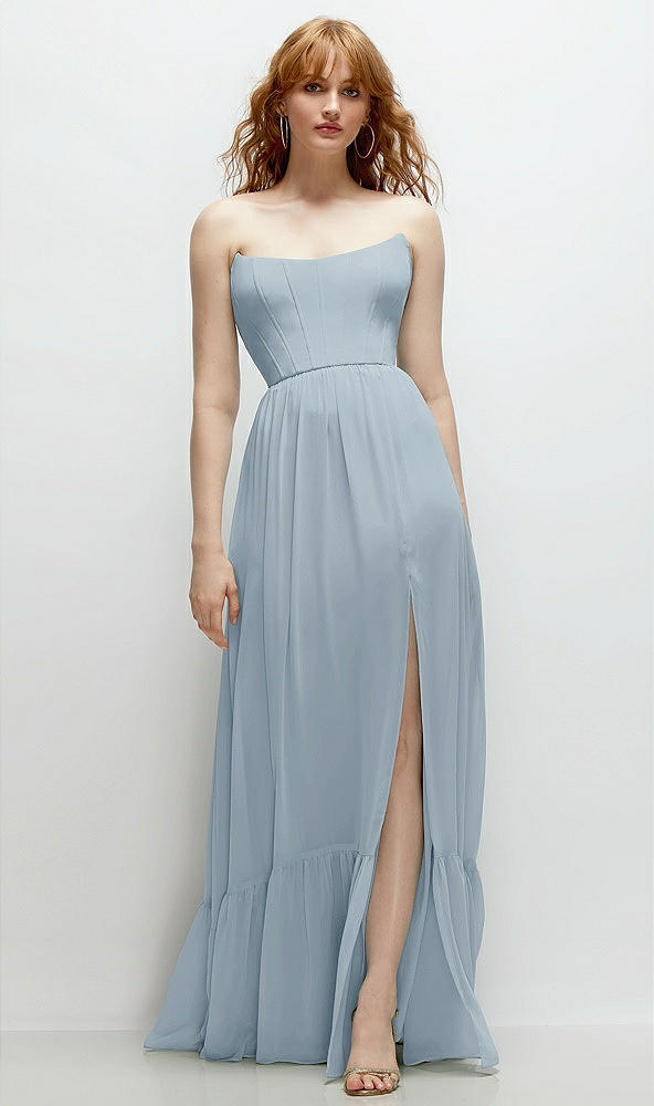 Front View - Mist Strapless Cat-Eye Corset Maxi Dress with Ruffle Hem A-Line Skirt