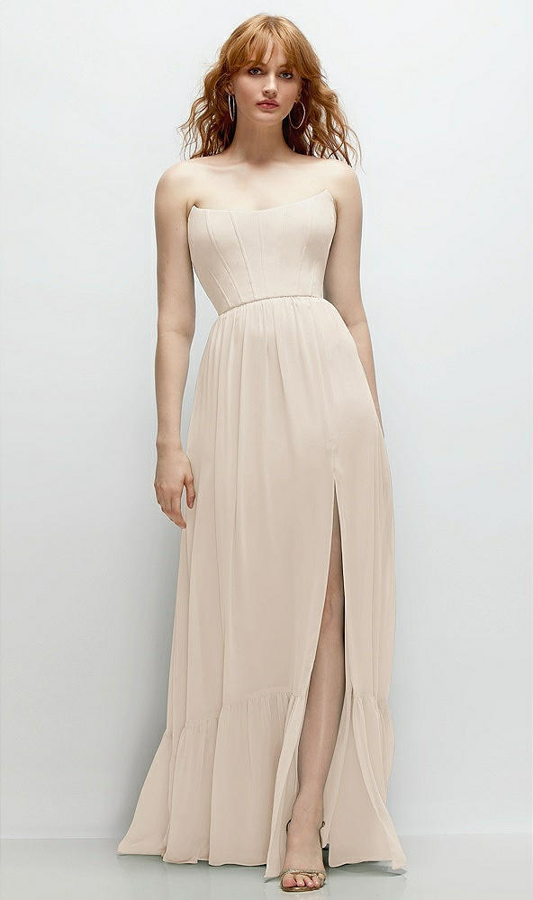 Front View - Oat Strapless Cat-Eye Corset Maxi Dress with Ruffle Hem A-Line Skirt