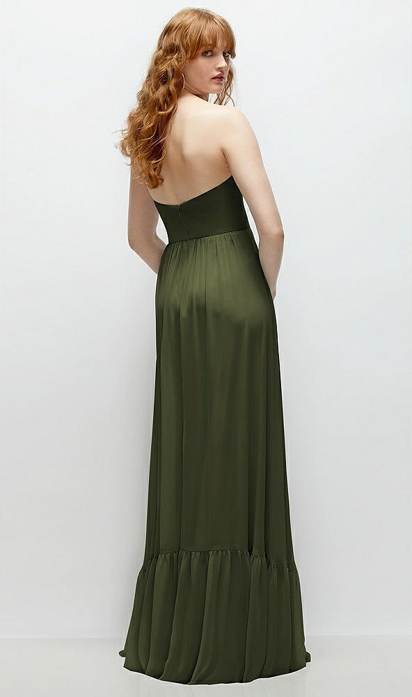 Back View - Olive Green Strapless Cat-Eye Corset Maxi Dress with Ruffle Hem A-Line Skirt