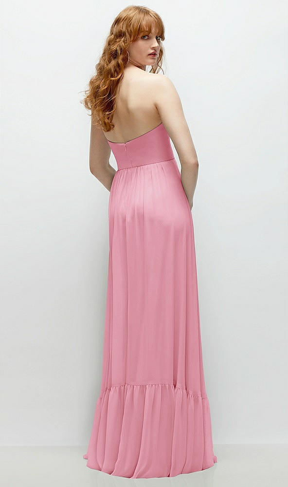 Back View - Peony Pink Strapless Cat-Eye Corset Maxi Dress with Ruffle Hem A-Line Skirt