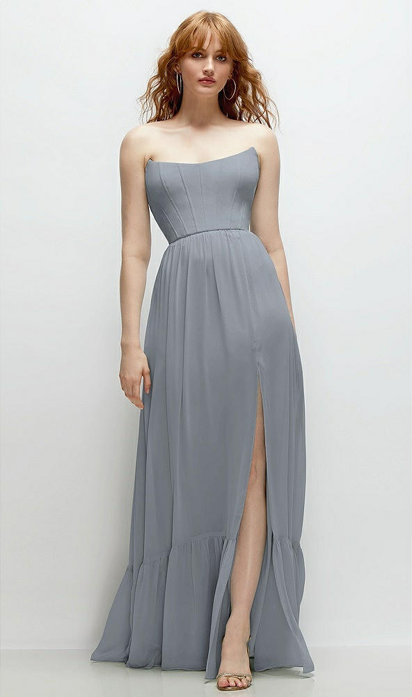 Front View - Platinum Strapless Cat-Eye Corset Maxi Dress with Ruffle Hem A-Line Skirt