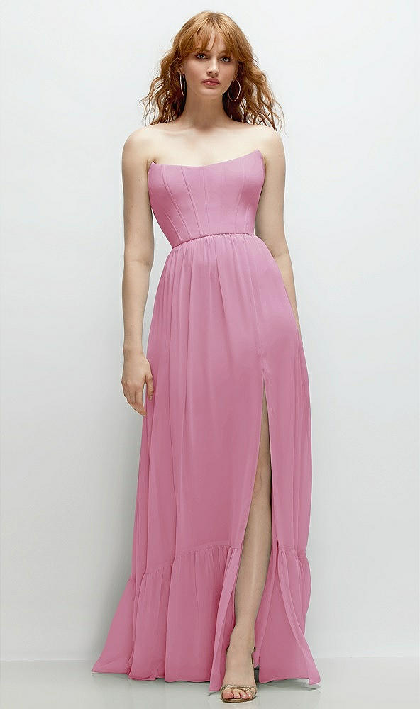 Front View - Powder Pink Strapless Cat-Eye Corset Maxi Dress with Ruffle Hem A-Line Skirt