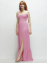 Side View Thumbnail - Powder Pink Strapless Cat-Eye Corset Maxi Dress with Ruffle Hem A-Line Skirt