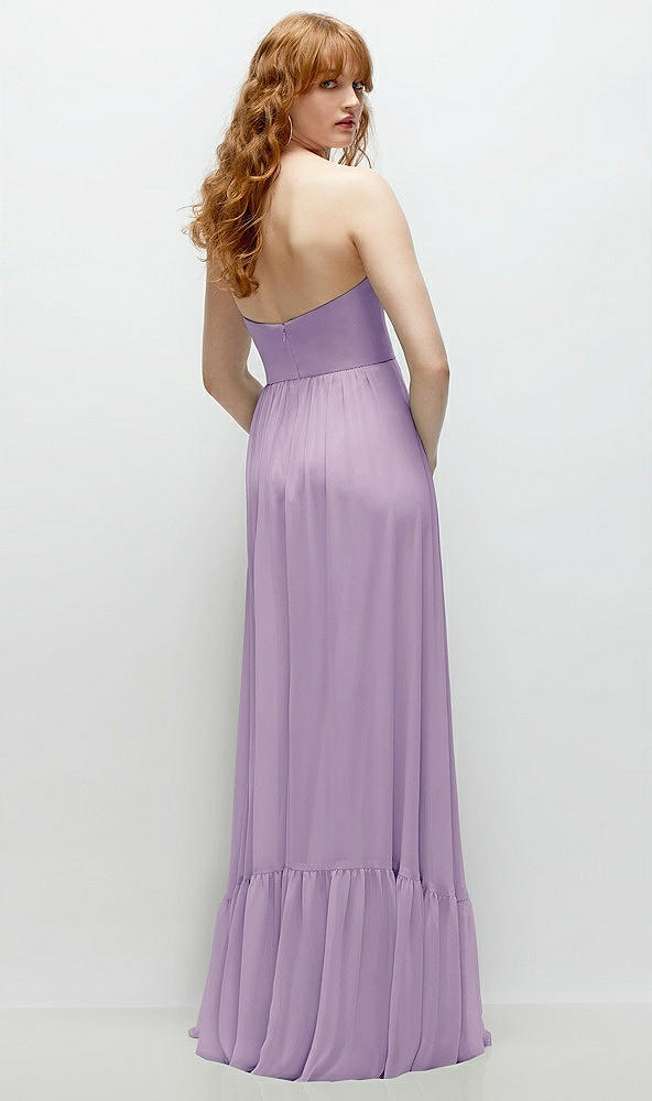 Back View - Pale Purple Strapless Cat-Eye Corset Maxi Dress with Ruffle Hem A-Line Skirt