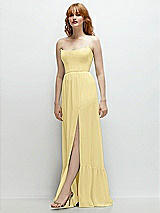 Side View Thumbnail - Pale Yellow Strapless Cat-Eye Corset Maxi Dress with Ruffle Hem A-Line Skirt