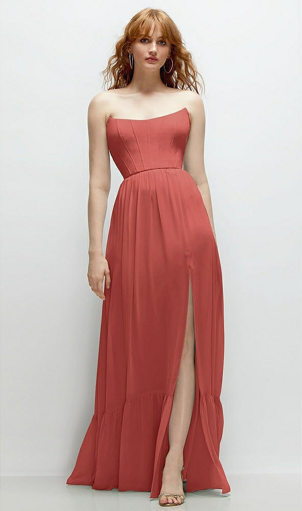 Front View - Coral Pink Strapless Cat-Eye Corset Maxi Dress with Ruffle Hem A-Line Skirt