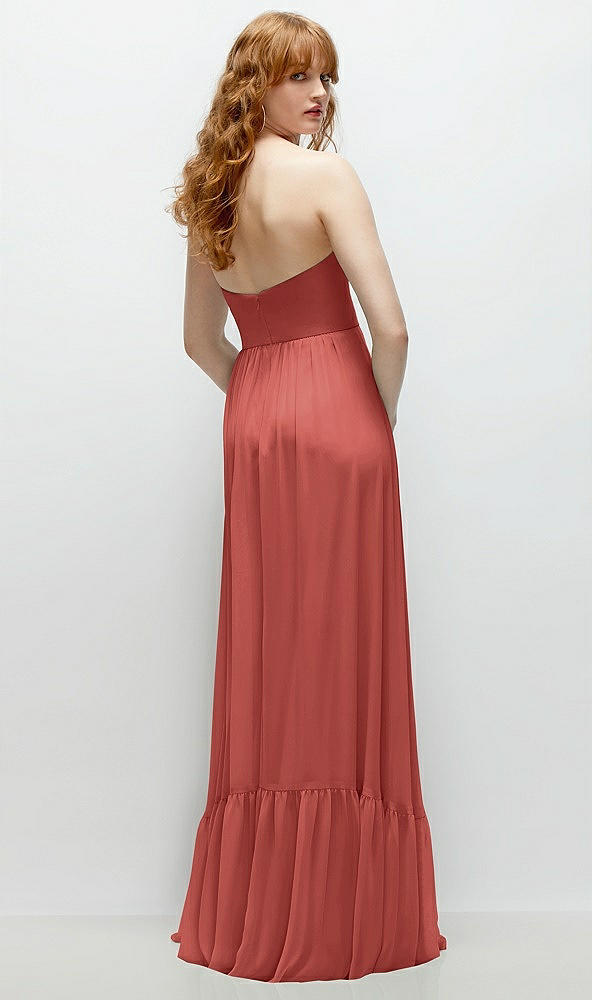 Back View - Coral Pink Strapless Cat-Eye Corset Maxi Dress with Ruffle Hem A-Line Skirt