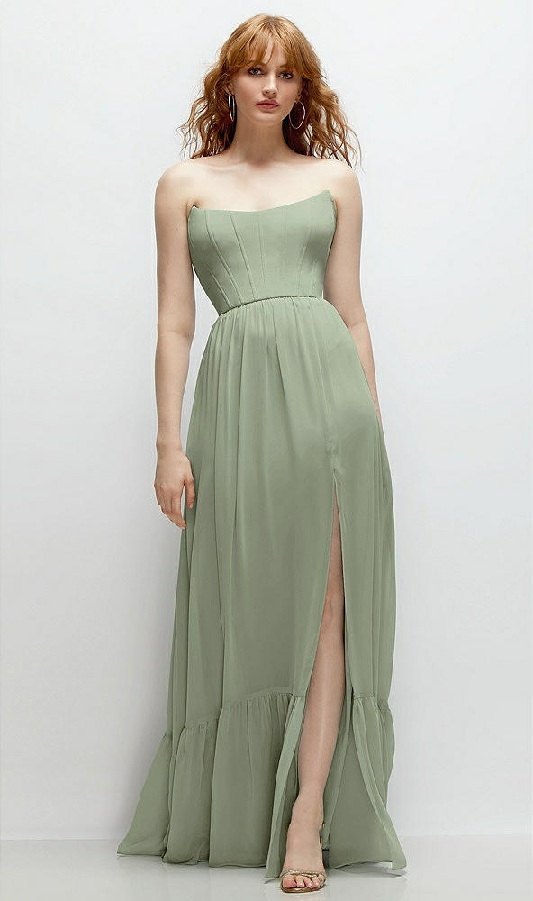 Front View - Sage Strapless Cat-Eye Corset Maxi Dress with Ruffle Hem A-Line Skirt