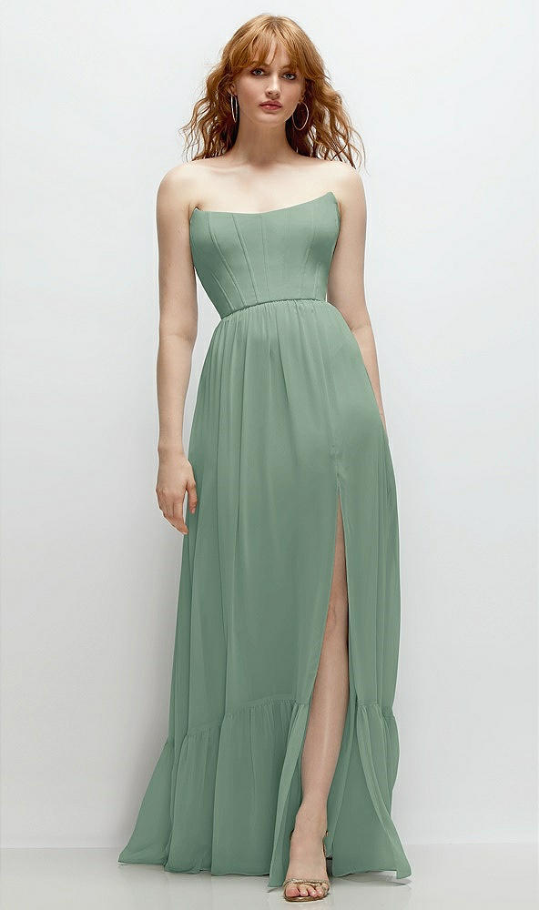 Front View - Seagrass Strapless Cat-Eye Corset Maxi Dress with Ruffle Hem A-Line Skirt