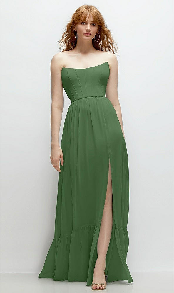 Front View - Vineyard Green Strapless Cat-Eye Corset Maxi Dress with Ruffle Hem A-Line Skirt