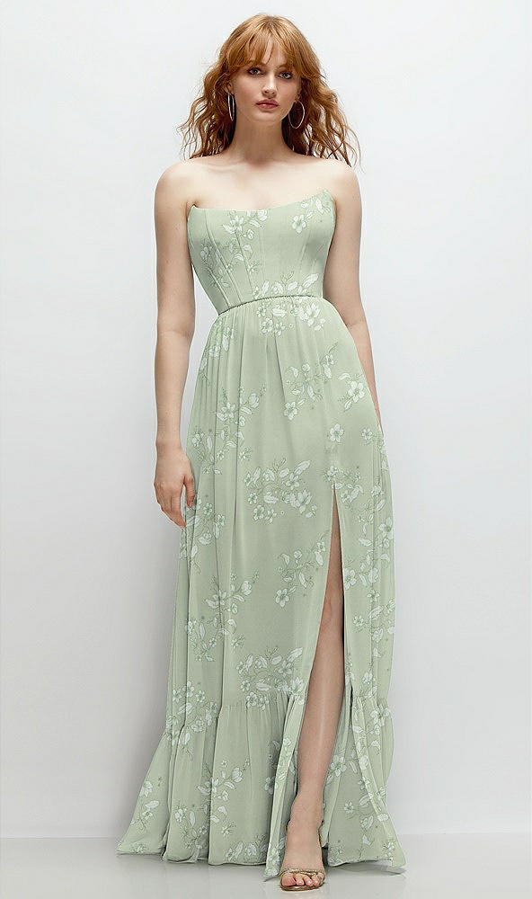 Front View - Vintage Primrose Sage Strapless Cat-Eye Corset Maxi Dress with Ruffle Hem A-Line Skirt