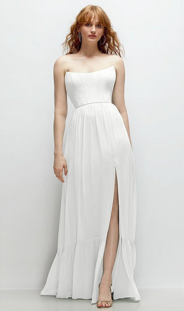 Front View - White Strapless Cat-Eye Corset Maxi Dress with Ruffle Hem A-Line Skirt