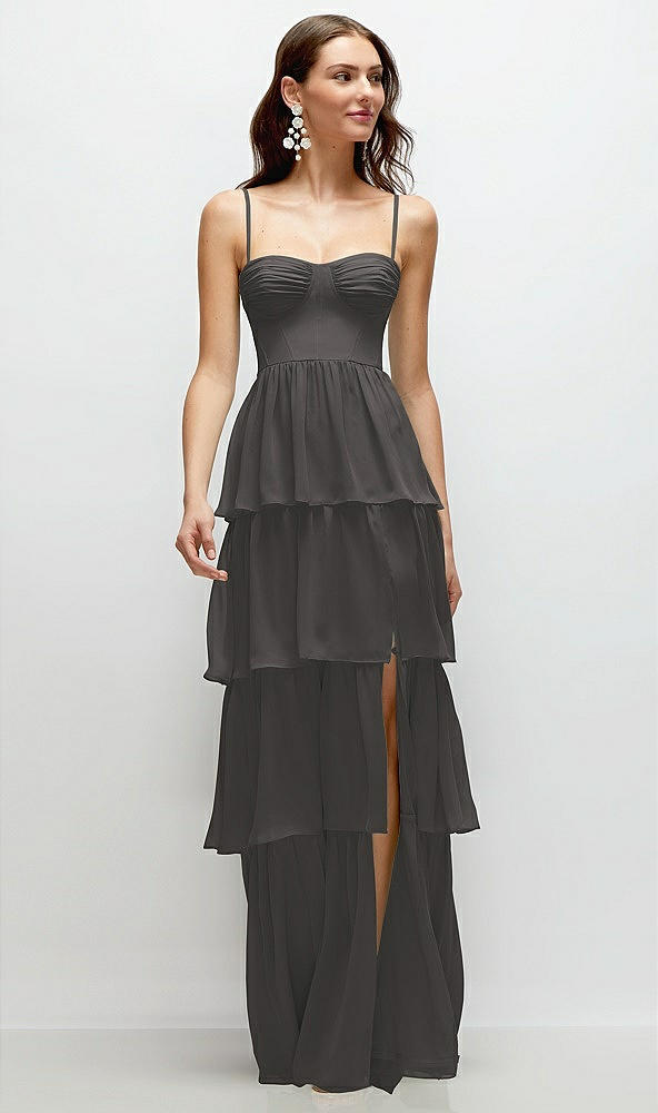 Front View - Caviar Gray Bustier-Style Chiffon Tiered Ruffle Maxi Dress with Adjustable Straps