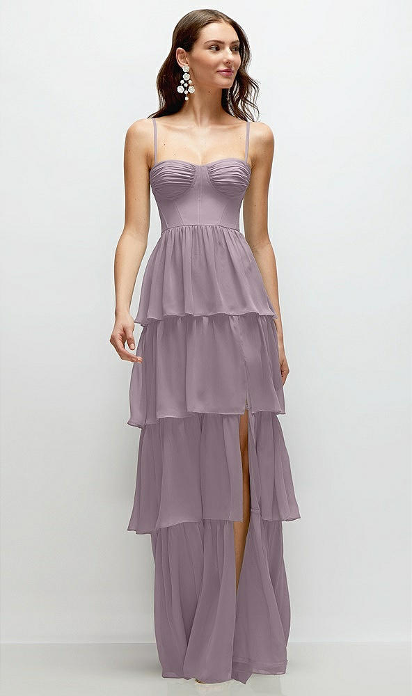 Front View - Lilac Dusk Bustier-Style Chiffon Tiered Ruffle Maxi Dress with Adjustable Straps