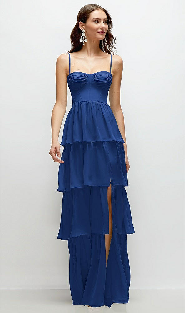 Front View - Classic Blue Bustier-Style Chiffon Tiered Ruffle Maxi Dress with Adjustable Straps