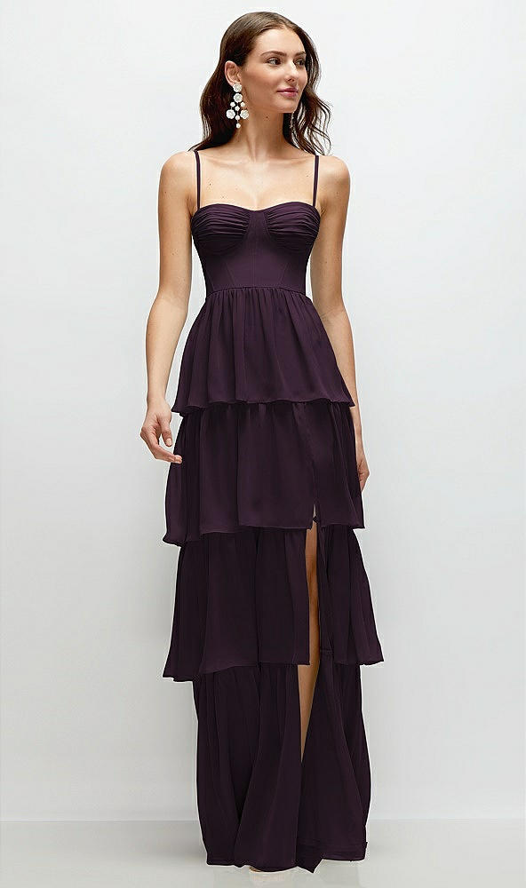 Front View - Aubergine Bustier-Style Chiffon Tiered Ruffle Maxi Dress with Adjustable Straps