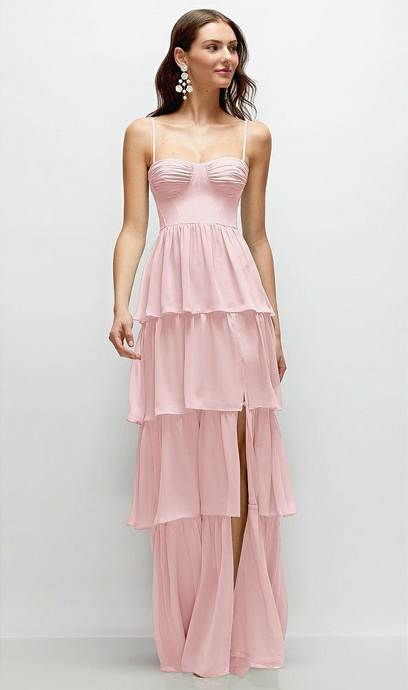 Front View - Ballet Pink Bustier-Style Chiffon Tiered Ruffle Maxi Dress with Adjustable Straps