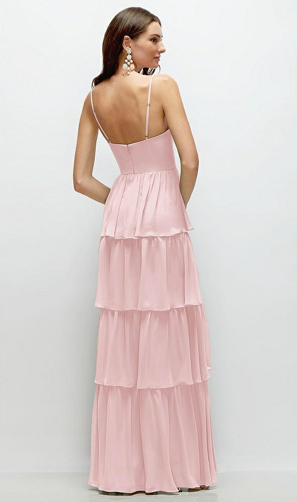 Back View - Ballet Pink Bustier-Style Chiffon Tiered Ruffle Maxi Dress with Adjustable Straps