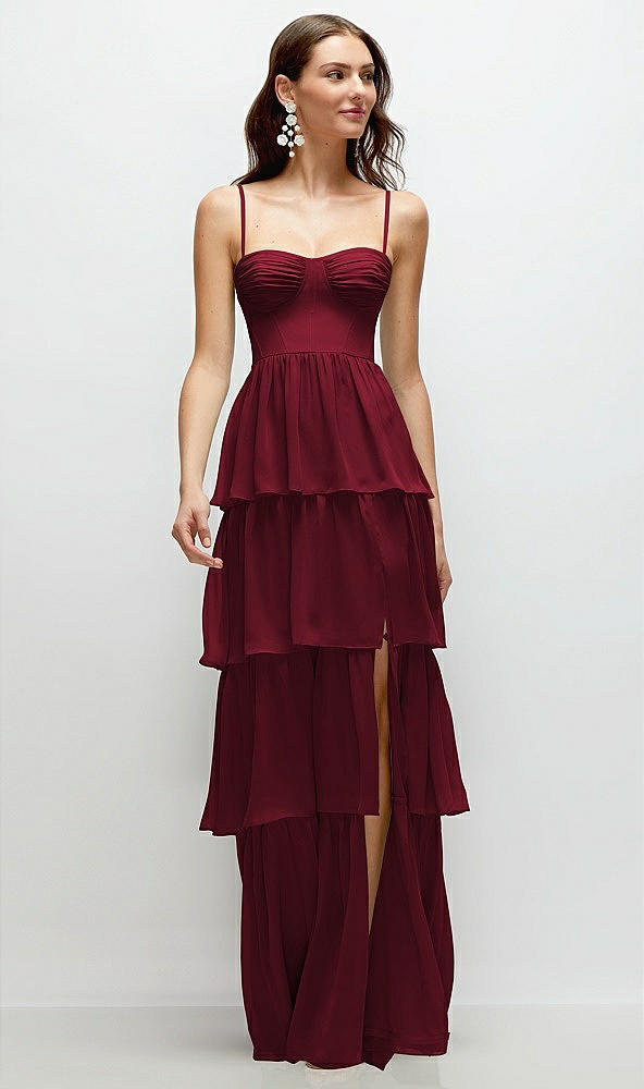 Front View - Burgundy Bustier-Style Chiffon Tiered Ruffle Maxi Dress with Adjustable Straps