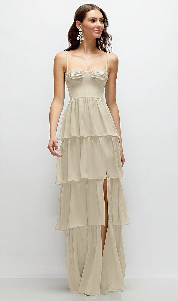 Front View - Champagne Bustier-Style Chiffon Tiered Ruffle Maxi Dress with Adjustable Straps