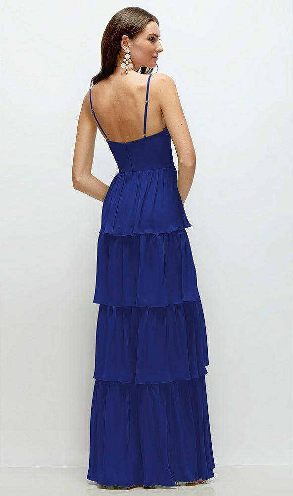 Back View - Cobalt Blue Bustier-Style Chiffon Tiered Ruffle Maxi Dress with Adjustable Straps