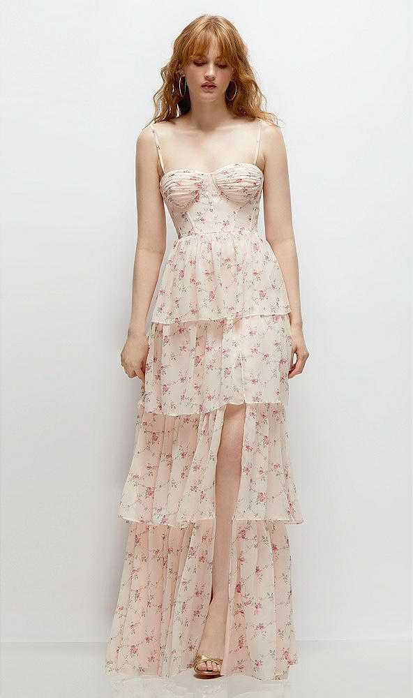 Front View - Coquette Floral Print Bustier-Style Chiffon Tiered Ruffle Maxi Dress with Adjustable Straps