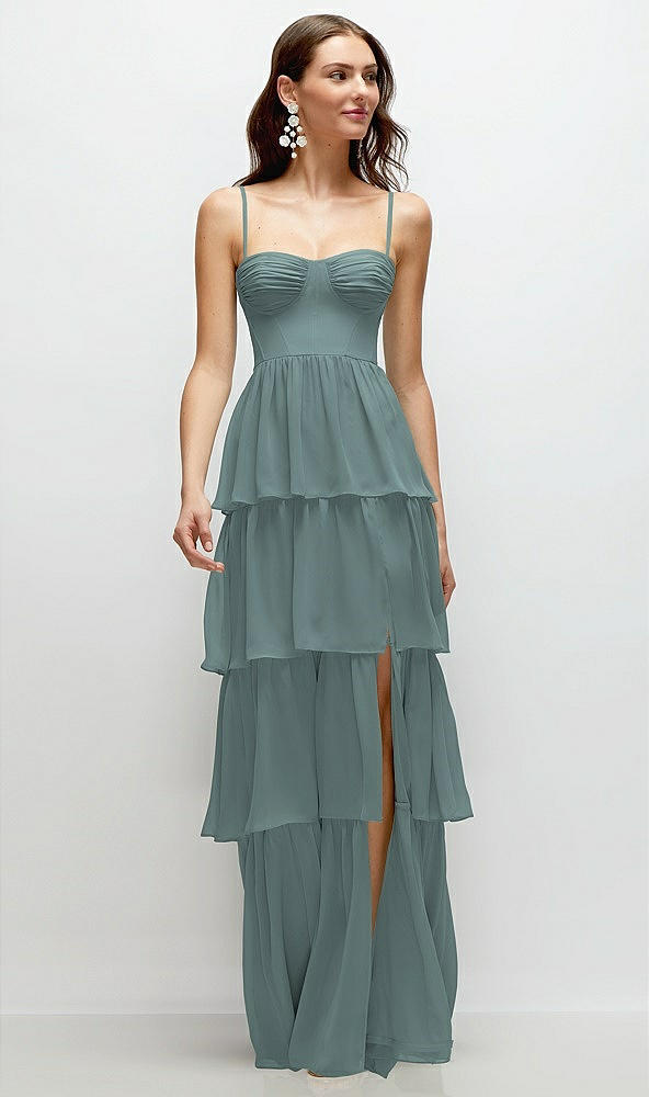 Front View - Icelandic Bustier-Style Chiffon Tiered Ruffle Maxi Dress with Adjustable Straps