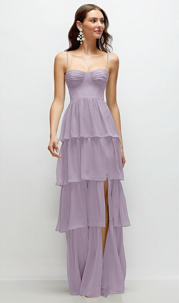 Front View - Lilac Haze Bustier-Style Chiffon Tiered Ruffle Maxi Dress with Adjustable Straps