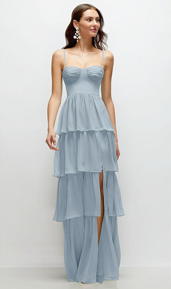 Front View - Mist Bustier-Style Chiffon Tiered Ruffle Maxi Dress with Adjustable Straps