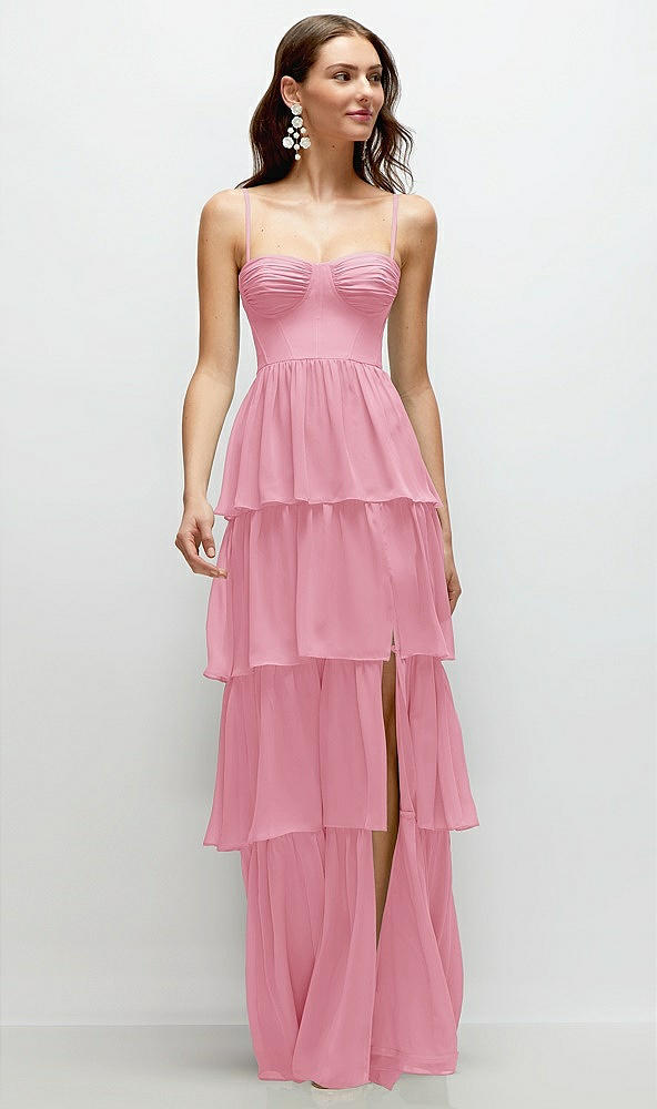 Front View - Peony Pink Bustier-Style Chiffon Tiered Ruffle Maxi Dress with Adjustable Straps