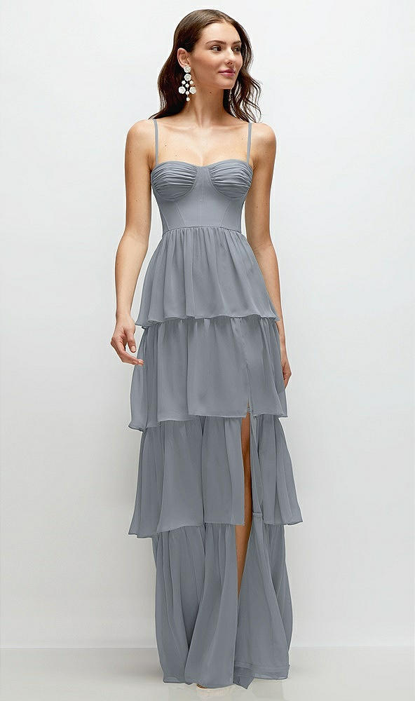 Front View - Platinum Bustier-Style Chiffon Tiered Ruffle Maxi Dress with Adjustable Straps