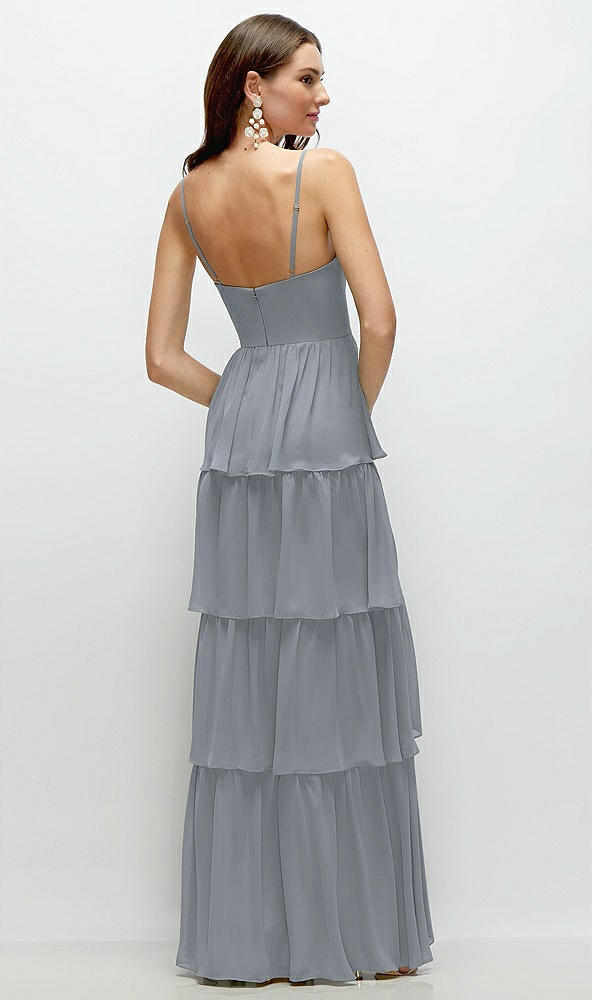 Back View - Platinum Bustier-Style Chiffon Tiered Ruffle Maxi Dress with Adjustable Straps