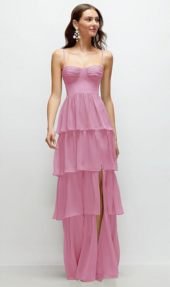 Front View - Powder Pink Bustier-Style Chiffon Tiered Ruffle Maxi Dress with Adjustable Straps