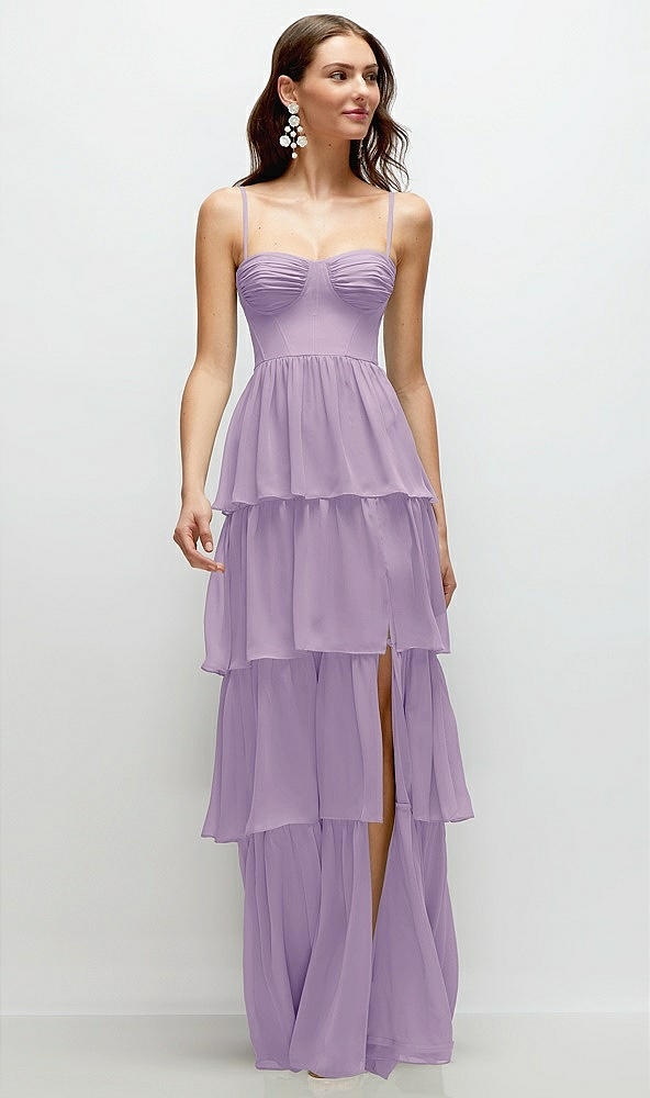 Front View - Pale Purple Bustier-Style Chiffon Tiered Ruffle Maxi Dress with Adjustable Straps