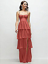 Front View Thumbnail - Coral Pink Bustier-Style Chiffon Tiered Ruffle Maxi Dress with Adjustable Straps