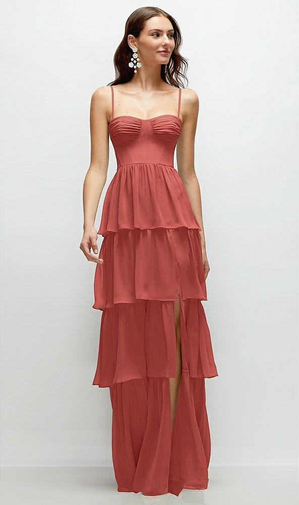 Front View - Coral Pink Bustier-Style Chiffon Tiered Ruffle Maxi Dress with Adjustable Straps