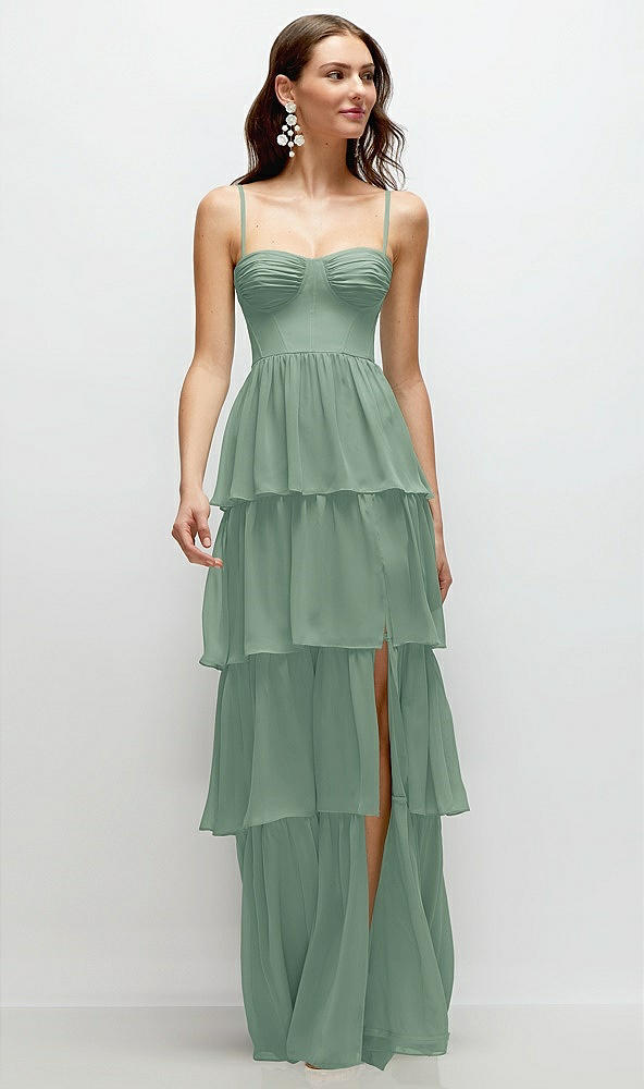 Front View - Seagrass Bustier-Style Chiffon Tiered Ruffle Maxi Dress with Adjustable Straps