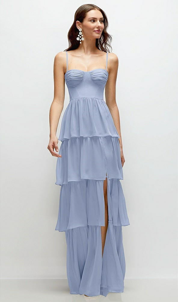 Front View - Sky Blue Bustier-Style Chiffon Tiered Ruffle Maxi Dress with Adjustable Straps